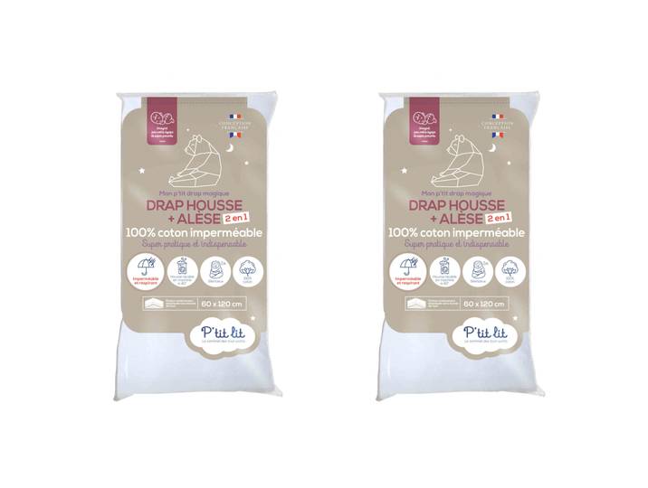 Lot de 2 draps housses bébé + alèses 2 en 1 coton imperméable blanc 60x120 cm