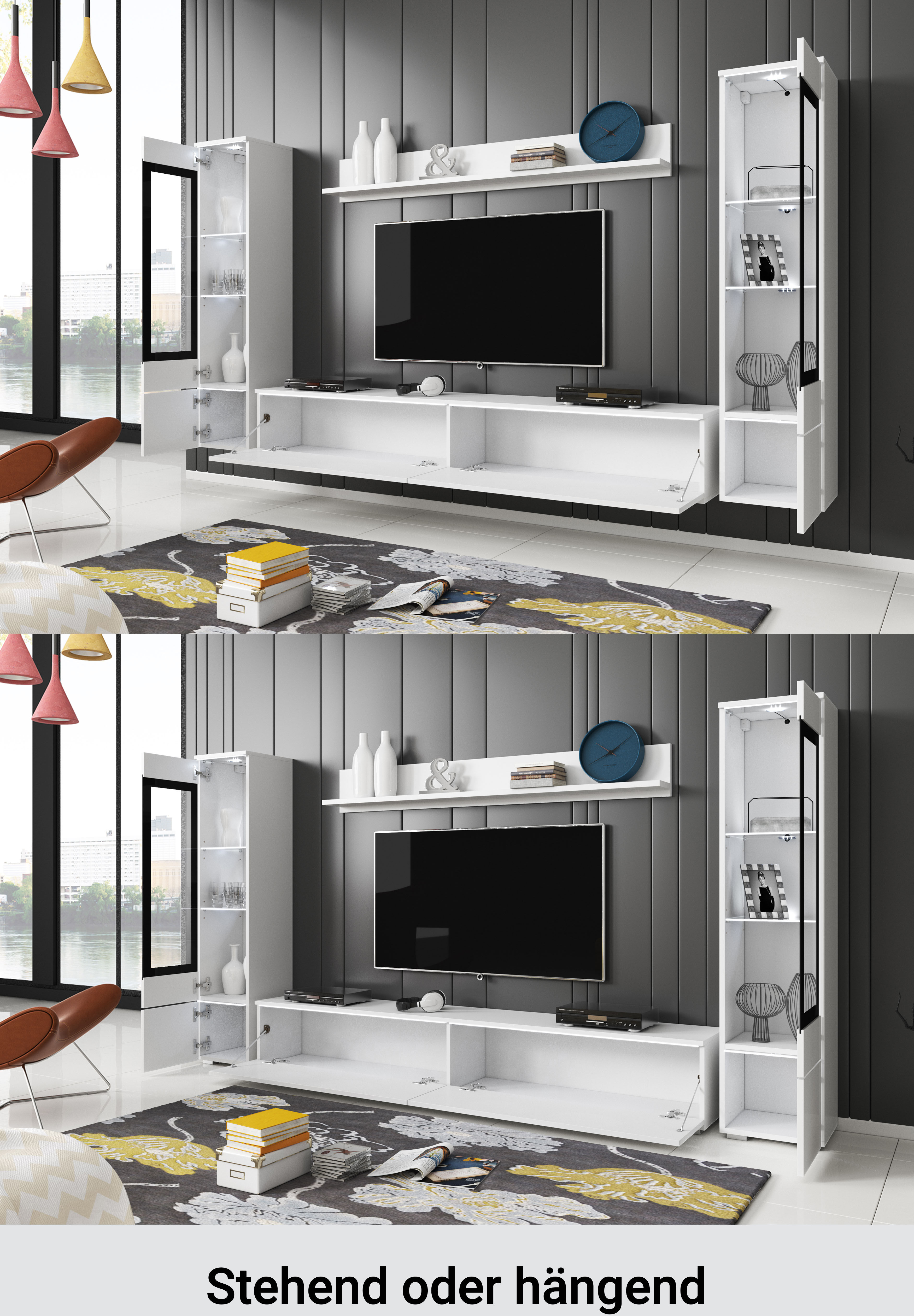 Wohnwand HOME AFFAIRE "VERA II", braun (matera anthrazit, kastanien breslau), B:260cm H:130cm T:33cm, Kastenmöbel-Sets, Wohnwand, Vitrine mit Verglasung, stehend und hängend, inklusive Beleuchtung matera anthrazit, kastanien breslau B/H/T: 260cmcm x 130cm
