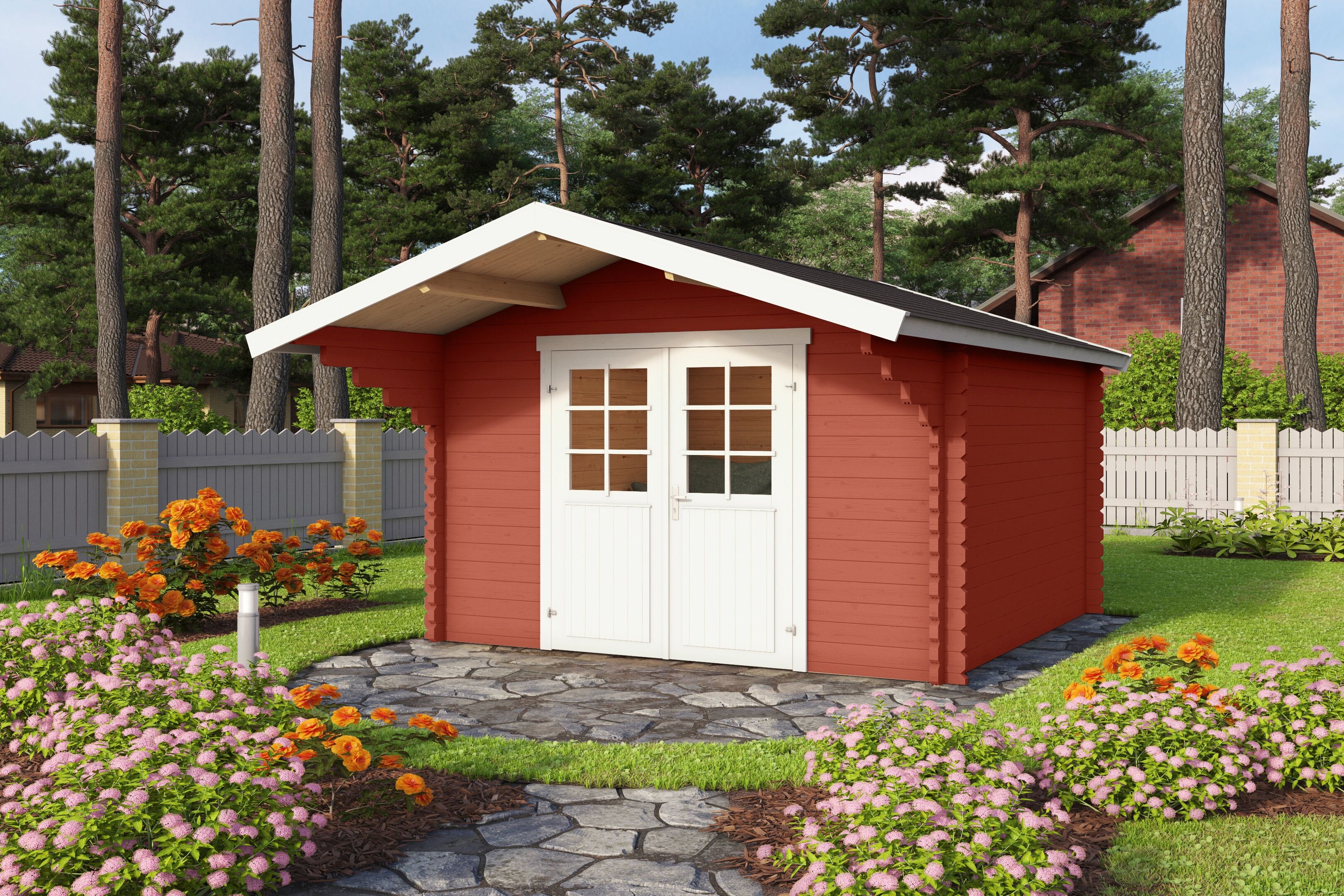 Gartenhaus LASITA MAJA "Viljandi 34", rot (schwedenrot), ohne Fußboden, ohne Dacheindeckung, Massivholz, Gartenhäuser, Gartenhaus, Blockbohlenhaus 34mm