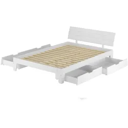 Erst-Holz Weißes zeitloses Doppelbett 160x200 Kiefer massiv weiß mit Stauraum Zubehör wählbar V-60.54S8-16W Rollrost inkl.