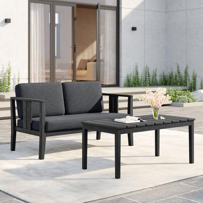 Uixe Teak Patio Loveseat with Coffee Table Outdoor Conversation Set