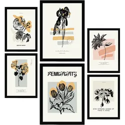 POSTER Set Mit 6 In Schwarzer Tinte Blumen Kunstdrucke Im Skizzenstil Für Innenarchitektur A3 & A4 Schwarzer Rahmen