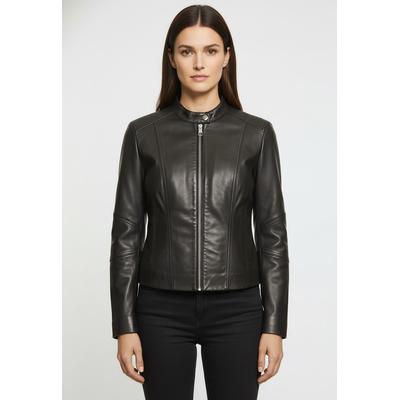 Lederjacke BOSS ORANGE "Saleste Premium Damenmode", Damen, Gr. 34, schwarz (schwarz 001), Obermaterial: 100% Lammleder, unifarben, regular fit, mit Reißverschluss, Jacken, aus fein genarbtem Leder
