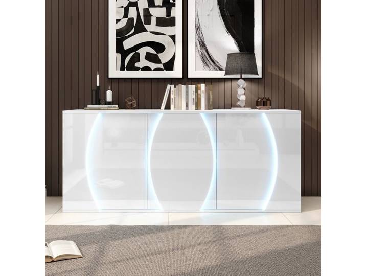 Luscriate - Buffet 150x40x70 cm 3 portes LED finition brillante meuble rangement meuble salon - Blanc