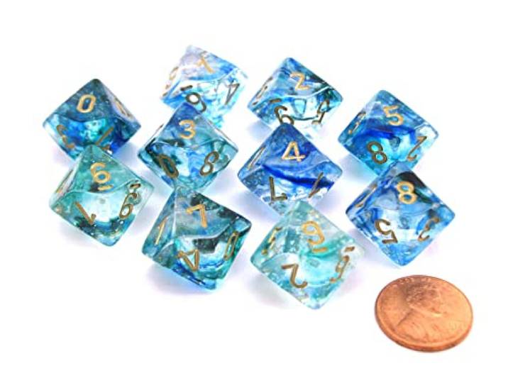 Chessex d10 Dobbelstenen Set: Nebula Luminary - Oceanic w/Goud (10)