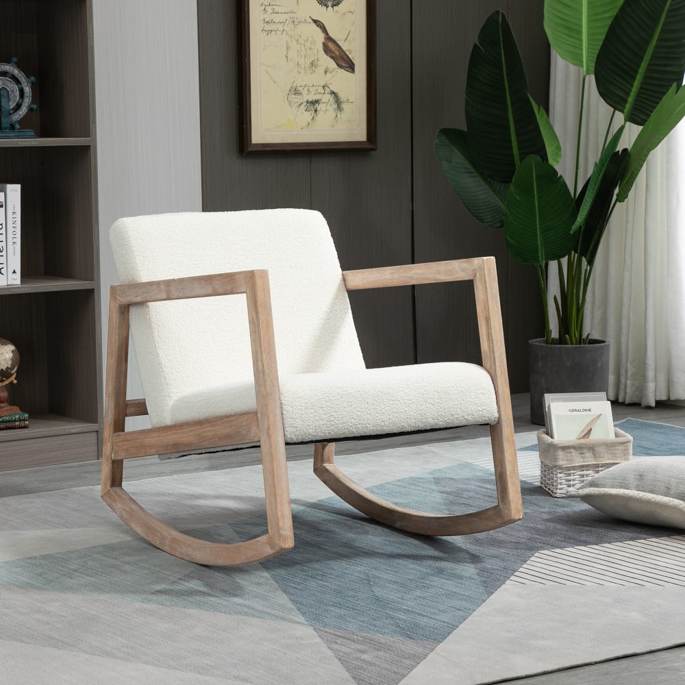 Homcom Fauteuil lounge à bascule bois hévéa effet peau de mouton polyester Beige 60x77x76cm