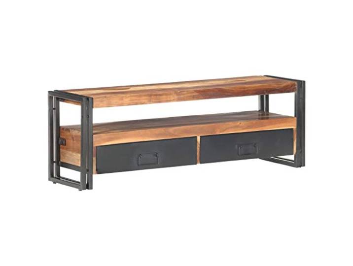 LMTYOENFG TV Board 120x30x40 cm Massivholz Lowboard Fernsehtisch Rustikales TV-Möbel fürs Wohnzimmer mit 2 Schubladen und Ablagefach aus echtem Holz mit stabilem Metallgestell.