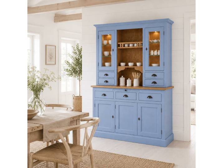 Landhaus-Buffet - himmelblauer Küchen-Vitrinenschrank