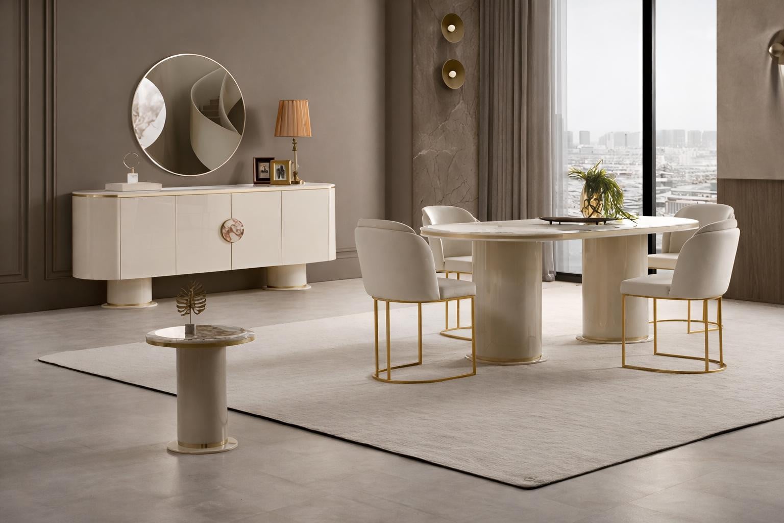 JVmoebel Beige eethoekset met design eettafel, 4 stoelen en sideboard