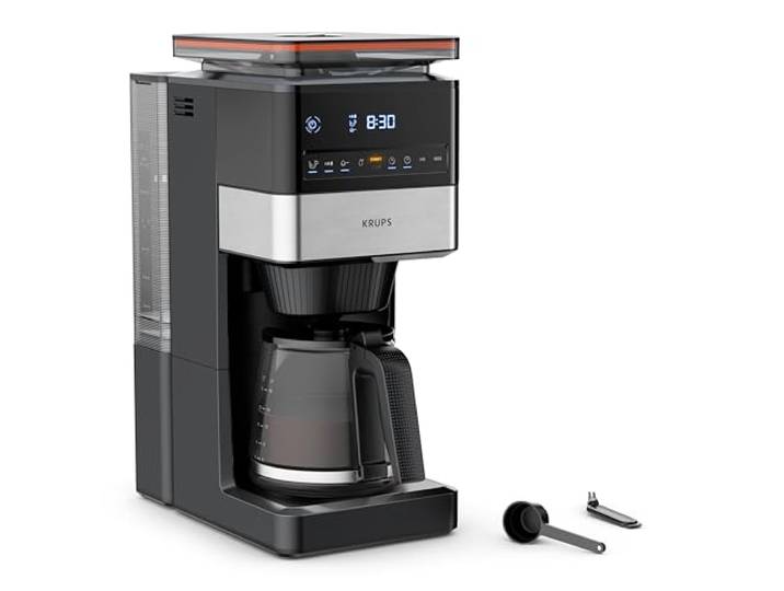 KRUPS Grind Aroma XL Filterkaffeemaschine, abnehmbares Kegelmahlwerk, digitales Bedienfeld, XL-Fassungsvermögen (1,5 L), Warmhaltefunktion, Glaskanne, Schwarz/Edelstahl, KM842810