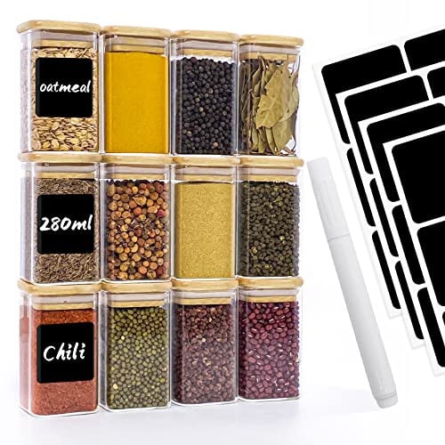 Withosent Set van 12 Glazen Voorraadpotten met Houten Deksel, 280 ml, Vierkant