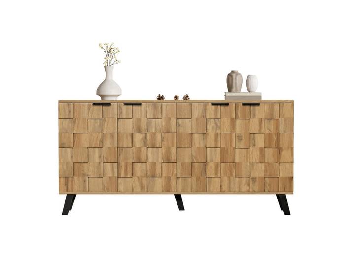 Flieks Sideboard 160cm 4 Türen modern Stauraum Wohnbereiche, Naturfarben, 35.5x78x160.5 cm, Kleinmöbel, Kommoden, Sideboards