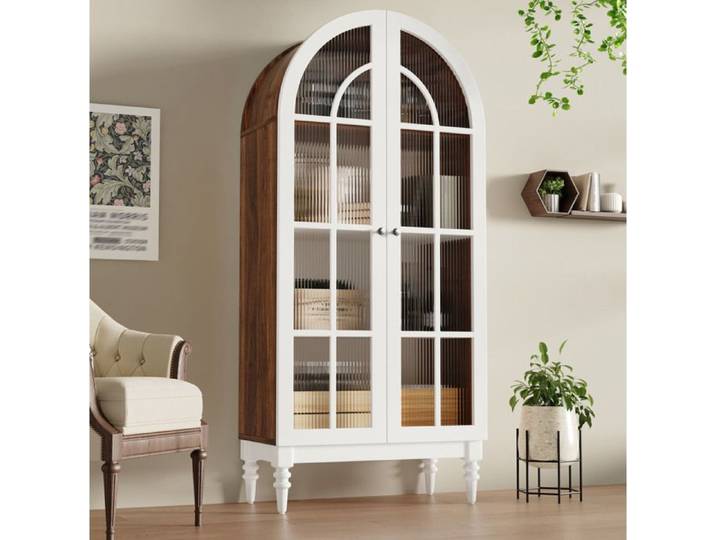 Modenuit Vitrine arche 165 cm portes vitrées striées 3 étagères MDF blanc et métal