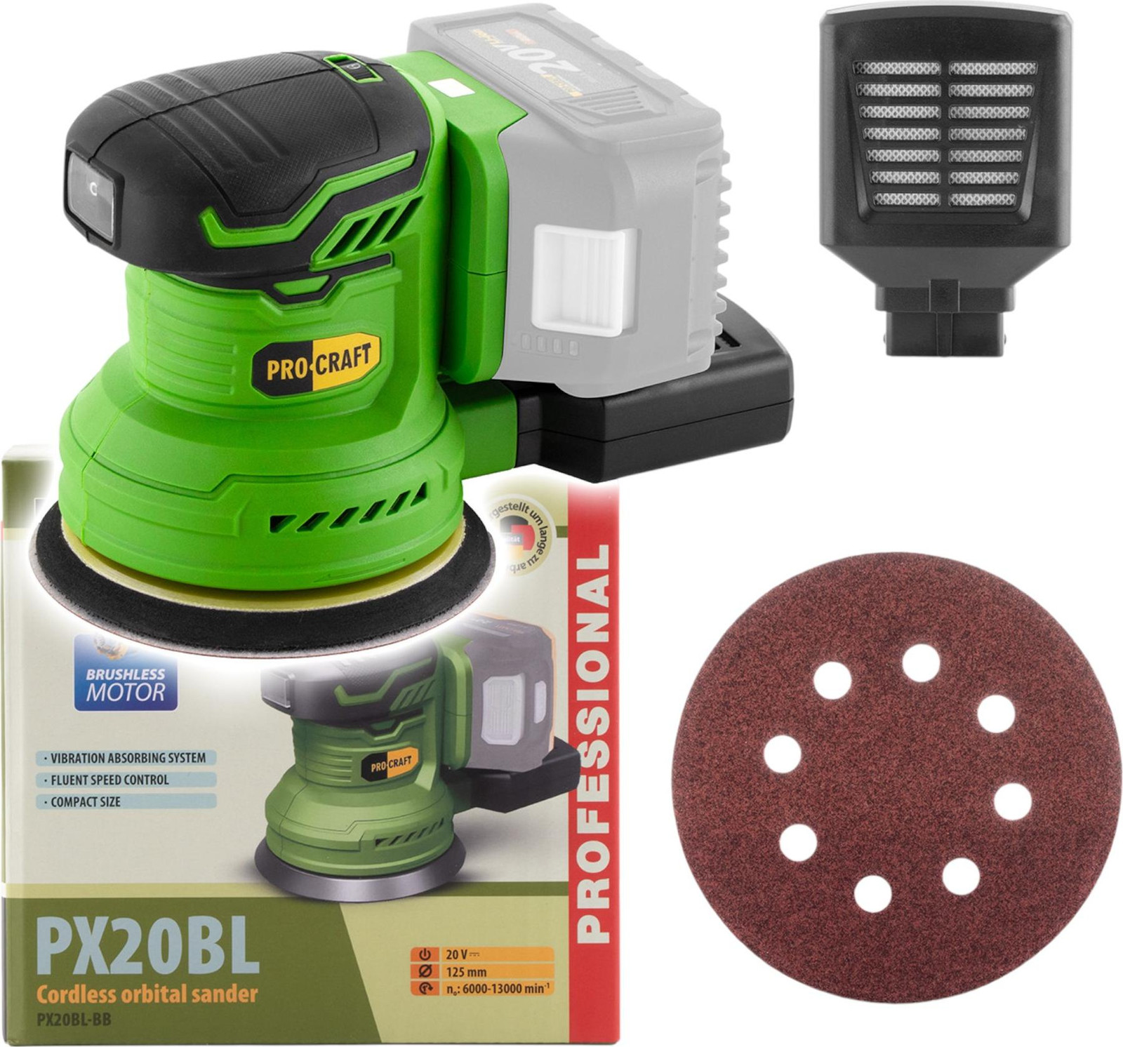 Procraft PX20BLbb accu-excentrische schuurmachine 20 V 125 mm borstelloos Solo