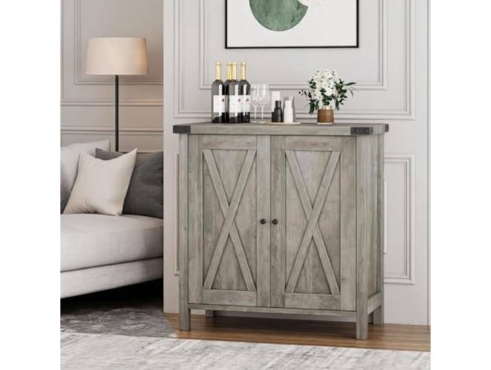 GarveeMore Sideboard, Küchenschrank Mit 2 Türen & x-Front Design, Wohnzimmer Buffet Schrank, Mit Stauraum, Für Esszimmer Flur Küchen, 76x40x80 cm, Grau