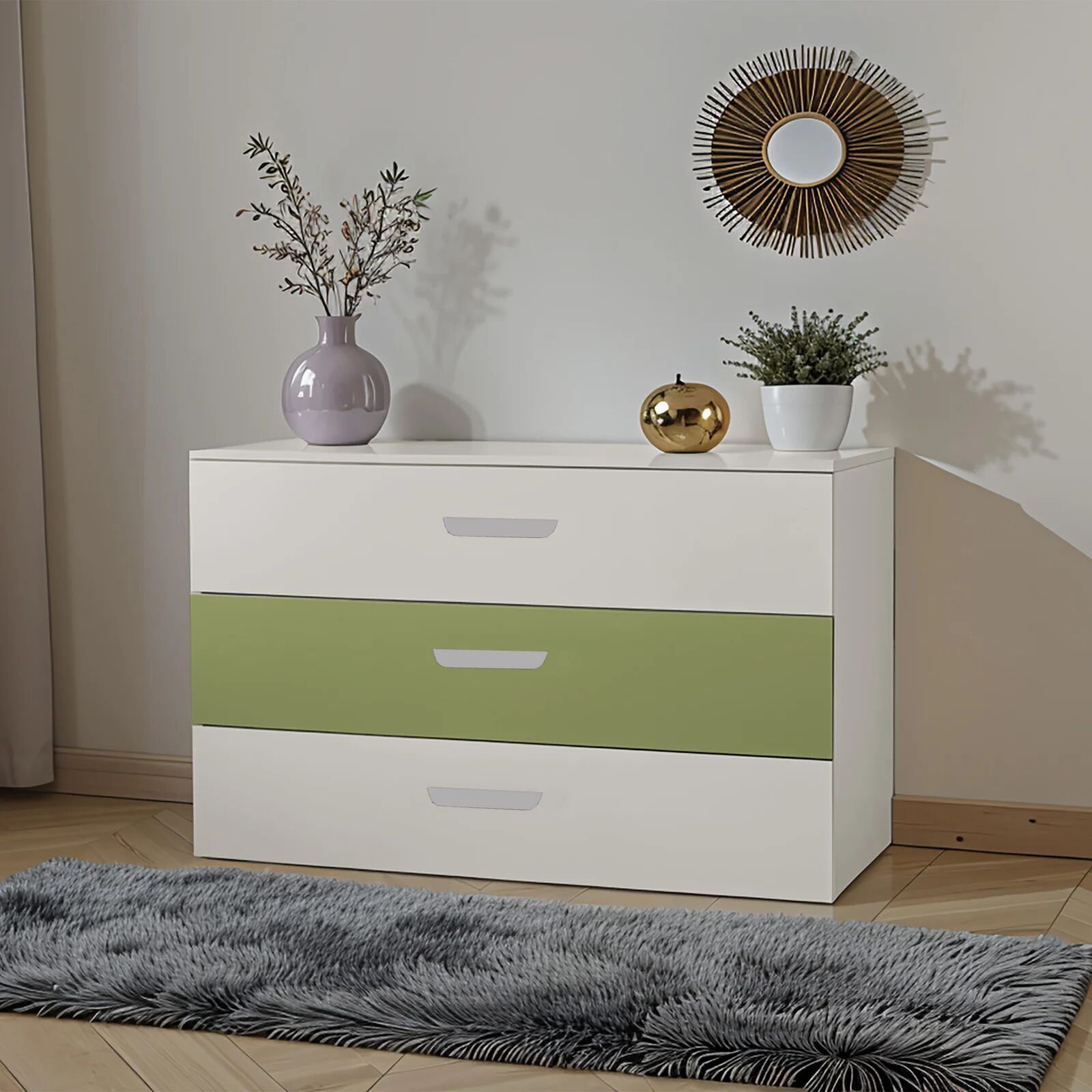 garneroarredamenti Cassettiera cameretta 80x73h cm 3 cassetti cashmere verde Colorful
