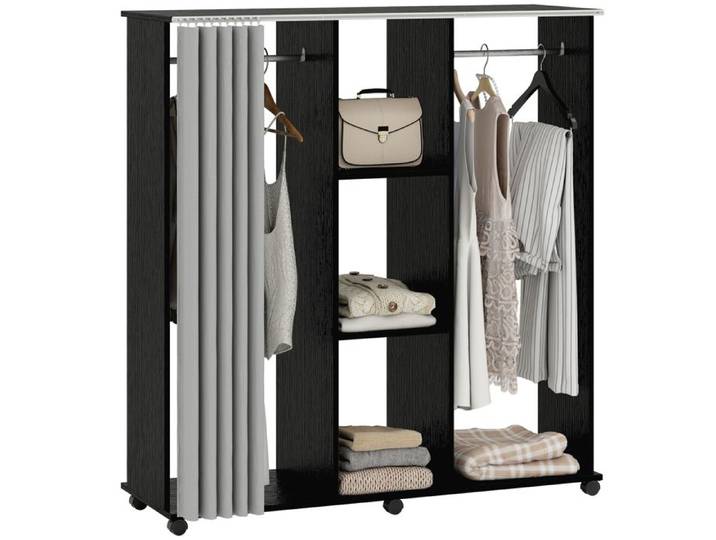 Armoire ouverte mobile – Avec rideau et 6 roulettes – pour chambre et dressing – 120x40x128 cm Noir