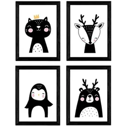 POSTER Set mit 4 „Zorro, Eisbär, Pinguin und Katze“ Tiere A3 Rahmenlos