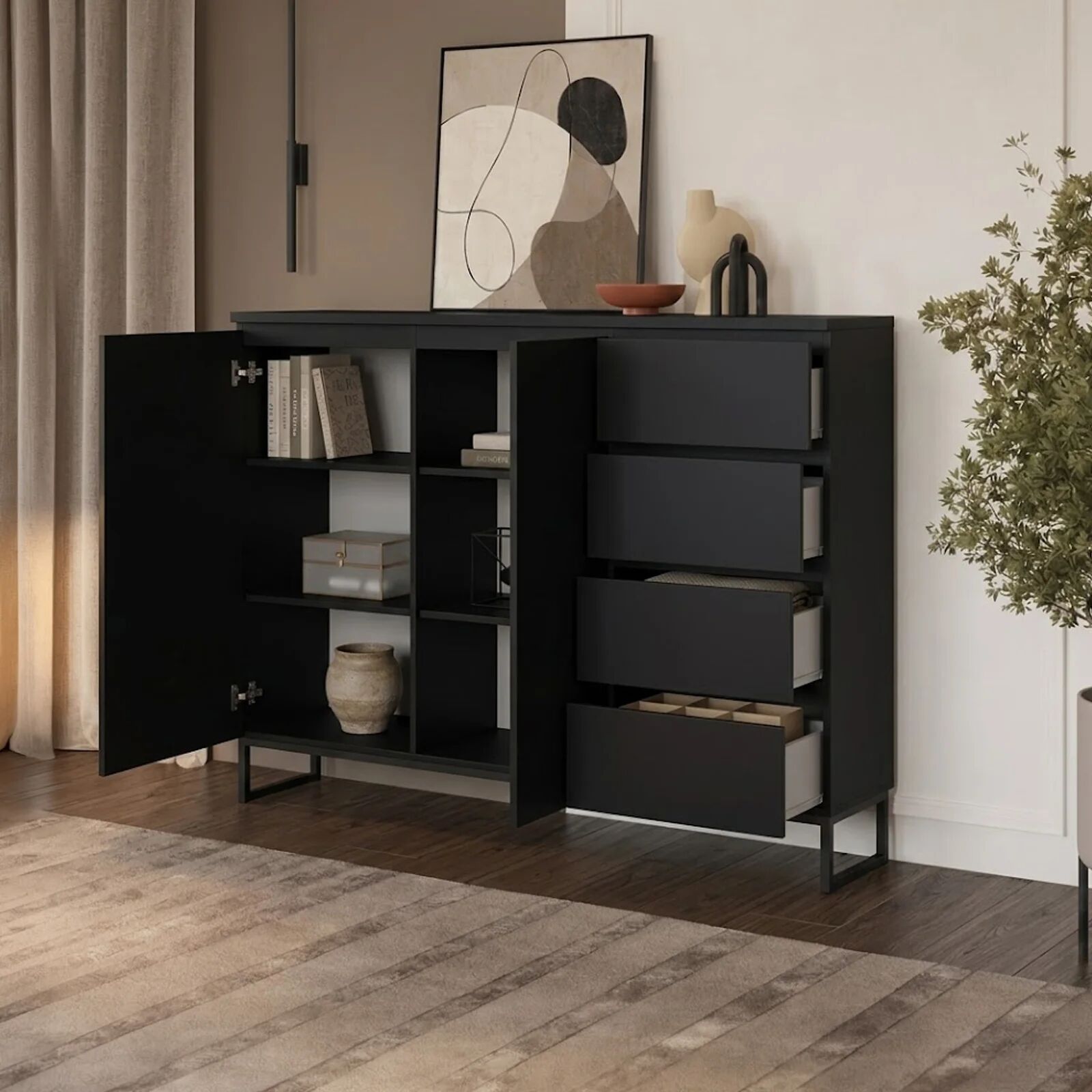 garneroarredamenti Madia 150x114h cm con piedini 2 ante 4 cassetti nero opaco Ischia