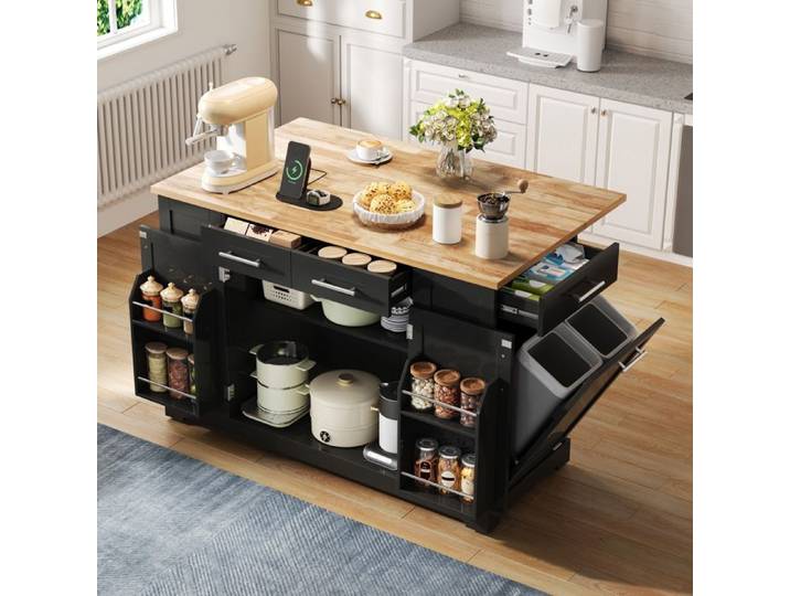 Îlot de cuisine armoire buffet chariot coulissant roulettes deux côtés étagère épices deux portes deux tiroirs noir et bois