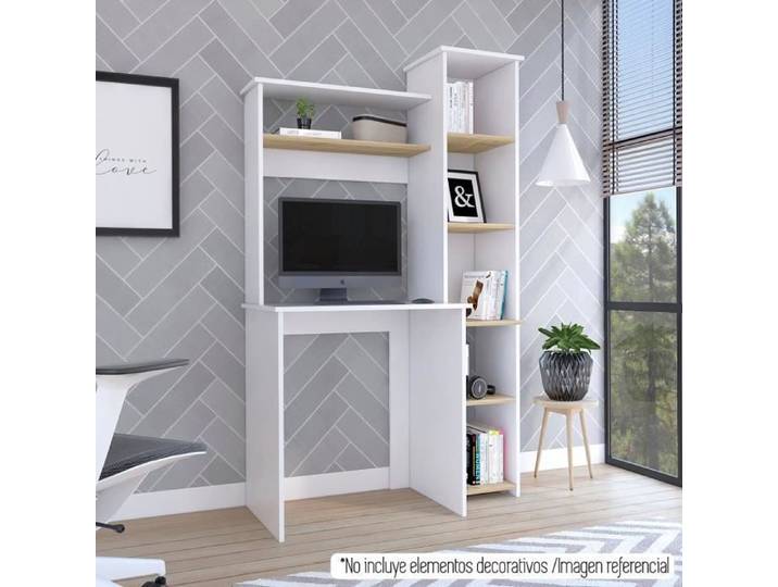 Bureau informatique Heinrich de 98 cm avec bibliothèque blanc et chêne clair