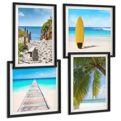 BILDER SET 4er Set - 50x50 cm & 40x60 cm Schwarzer Rahmen - Urlaubsblick Strand Palmen
