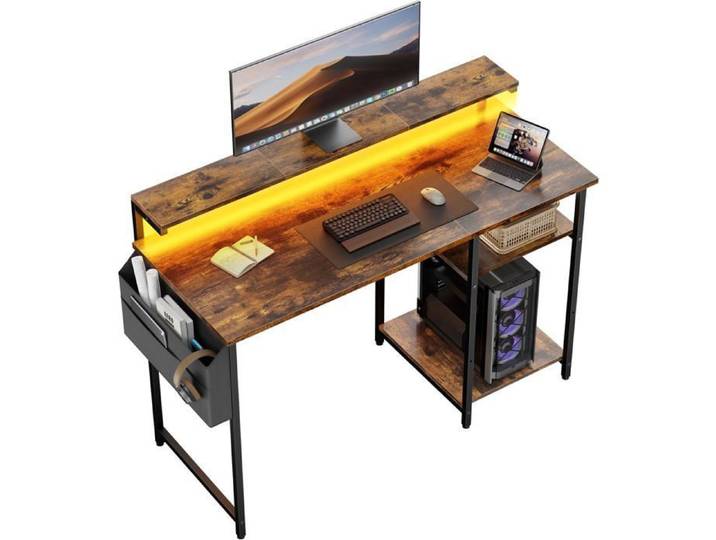 ECOFURNIX Bureau avec Rangement 120 x 48 cm Petit Bureau Informatique avec LED & Support de Moniteur Étagères Réglable Marron