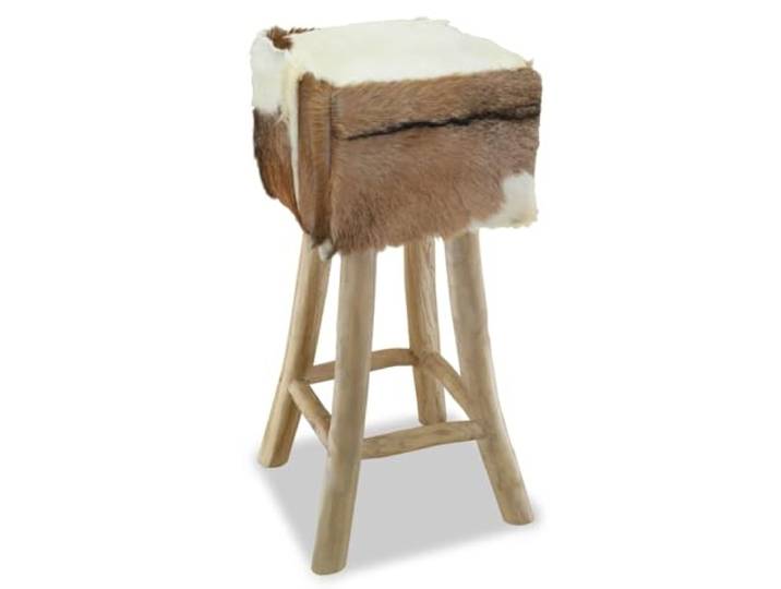 HGPOTUY Barhocker Ziegenleder Teakholz, 1 Stück Echtes Ziegenleder, Teakholz-Gestell, weiche Polsterung, rustikaler Stil, natürliche Holzfarbe