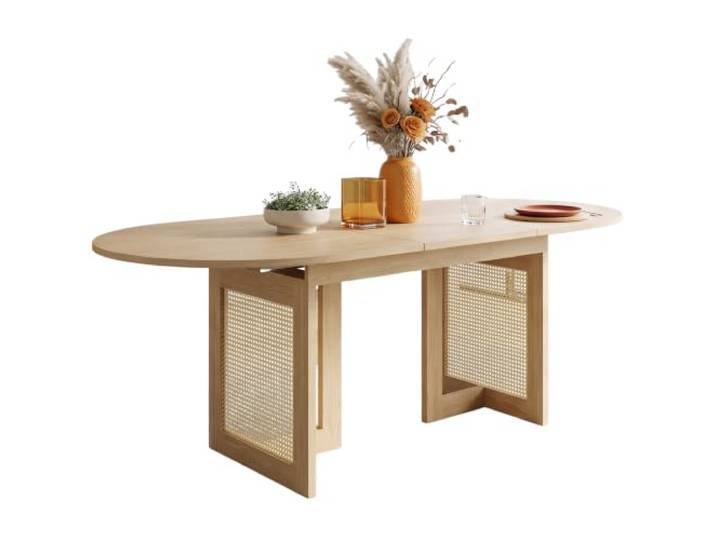 SEEDWAVE Ausziehbarer Esstisch, Beinen mit Rattan-Elementen für 6–8 Personen mit Rattan-Elementen