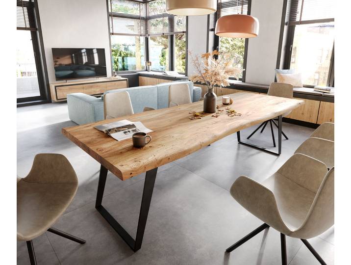 Esstisch Edge 260x100 XL Akazie Natur Metall Schräg Live-Edge, Esstische, Baumkantenmöbel, Massivholzmöbel, Massivholz