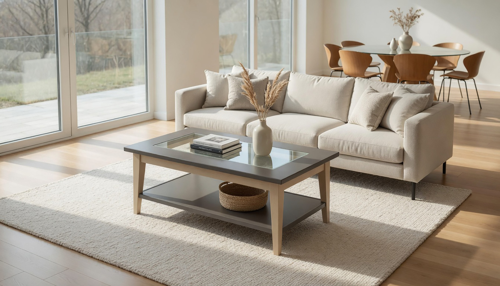 home24 Salontafel type A, modern, grijs/beige/pijnboomhout, 110 x 70 cm