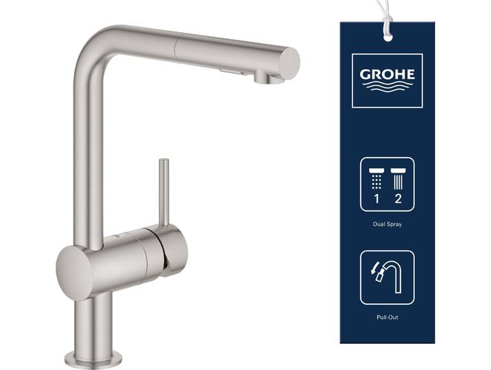 GROHE Minta Keukenkraan - Hoge draaibare L-uitloop - Met uittrekbare handdouche - RVS