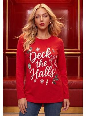 Plus Size Women's Plus Size Graphic Long Sleeve Tee by Roaman's in Red Deck The Halls (Size 34/36)