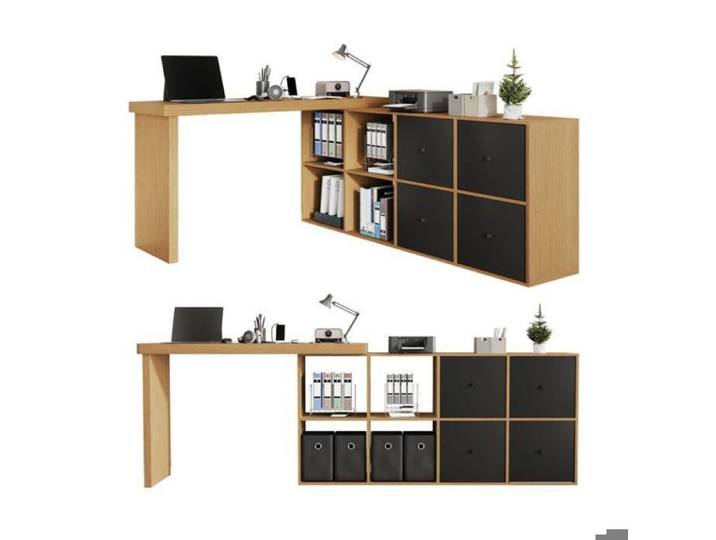 Bureau extensible multifonction 260x48x78 cm table d'angle pivotante 360° 4 tiroirs et compartiments de rangement