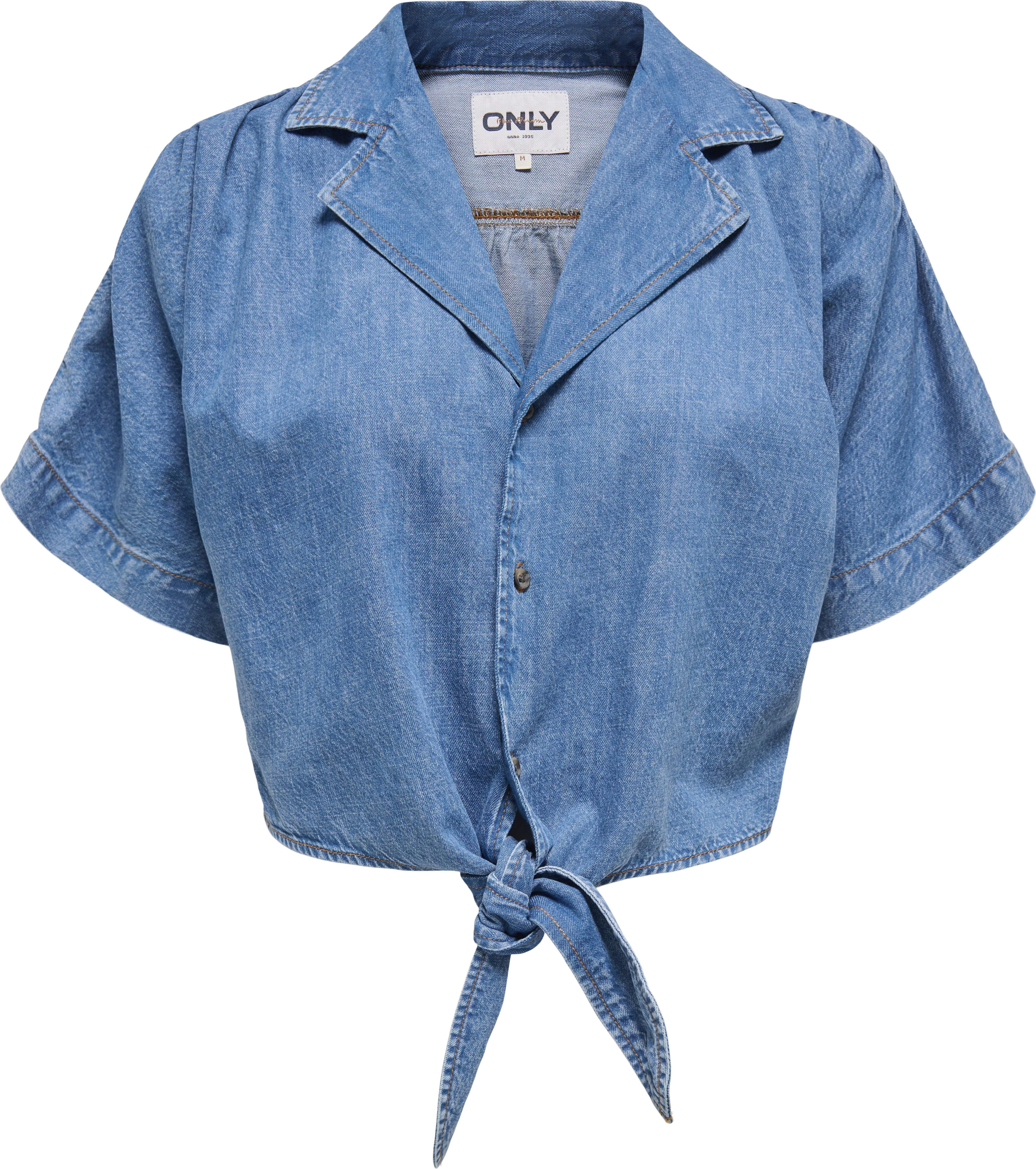 Jeansbluse ONLY "ONLPAULA S/S TIE SHIRT DNM AKM", Damen, Gr. S, blau (medium blau denim), Denim/Jeans, Obermaterial: 100% Baumwolle, unifarben, regular fit kurz, Blusen Jeansbluse, Baumwollmischung, regular fit medium blau denim S