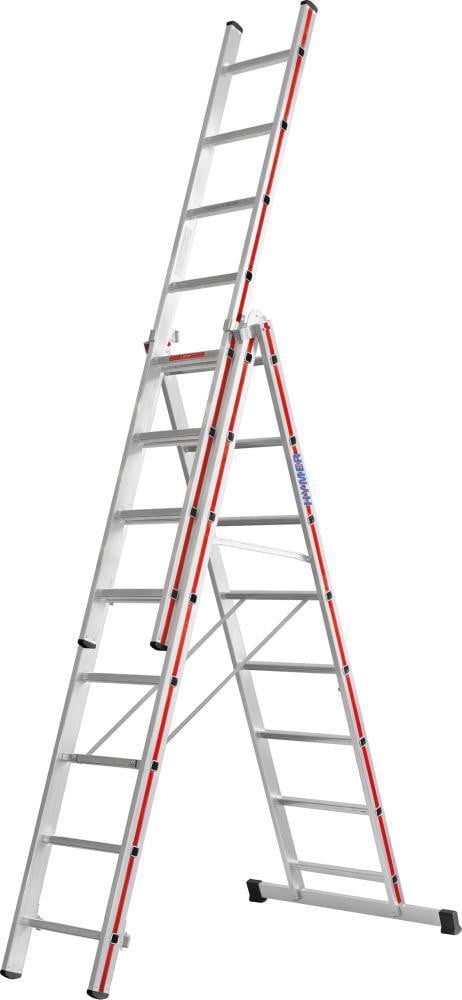 Hymer universele drieledige ladder met 3 secties en 12 treden per sectie, maximale werkhoogte 9,27 m