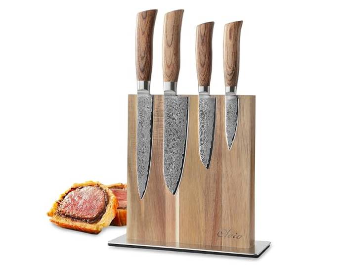 Wakoli EDIB Pro Küchenmesser Set, 4 Damastmesser & magnetischer Messerblock 2 Santokumesser, Fleisch- & Officemesser; 67 Lagen Damaststahl mit VG10-Kern, Pakkaholzgriffe, Akazienblock mit Edelstahlfuß.