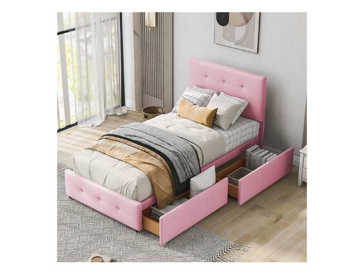 Odikalo Kinderbett Polsterbett Einzelbett Rückenlehne Schubladen Lattenrost 90x200 Rosa