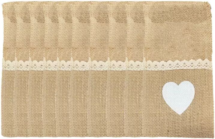 INF 10er-Set Jute Besteckhalter - Weißes Herzdesign für Weihnachts- & Hochzeitstischdekoration