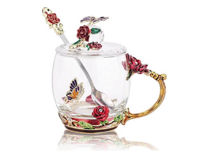 LuxusKollektion Tasse Tasse Emaille Schmetterling Tee Löffel Deckel Rote Rose Niedrig, Glas