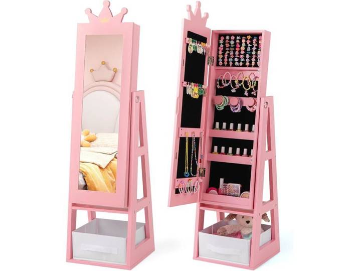 DREAMADE Armoire à Bijoux pour Enfants Miroir Pleine Longueur 31 5x30x115 cm Rose et Blanc Bois et Verre