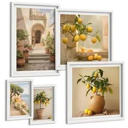 BILDER SET 5er Set - 50x50 cm & 20x30 cm & 40x60 cm Weißer Rahmen - Frische, farbenfrohe Zitrusfrüchte