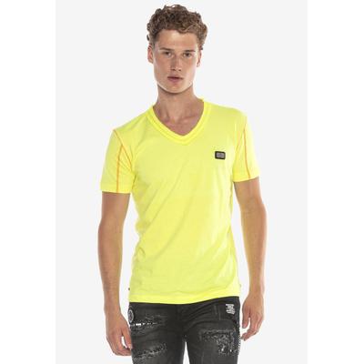 T-Shirt CIPO & BAXX "CT569", Herren, Gr. S, gelb (neongelb), 100% Baumwolle, unifarben, regular fit, V-Ausschnitt, Shirts T-Shirt, mit Logo-Patch Prints