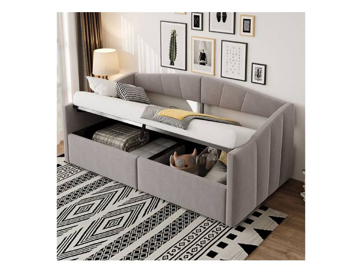 Odikalo Polsterbett Sofabett 90*200 cm hydraulisch Lagerung Armlehnen Samt Beige Grau