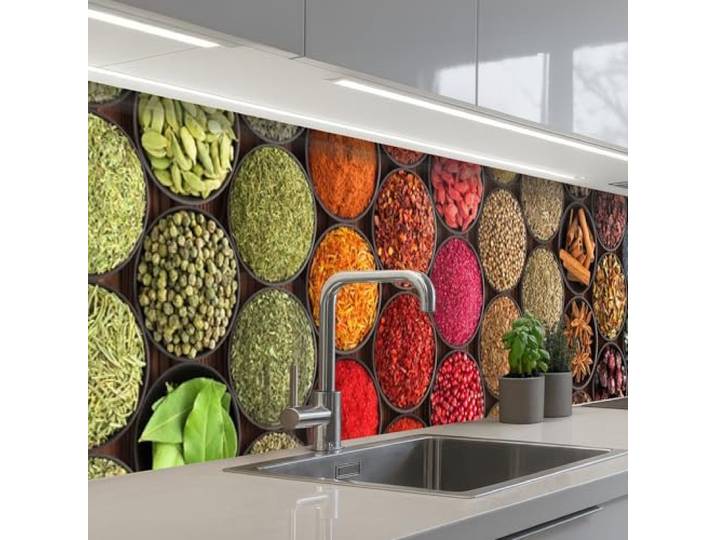 KitchenYeah© Küchenrückwand Selbstklebend Küchenspritzschutz Rückwand 80x500 cm - Wandschutz Ohne Bohren Spritzschutz Wand Wandverkleidung Kräuter - Schalen - Bunt - Textur