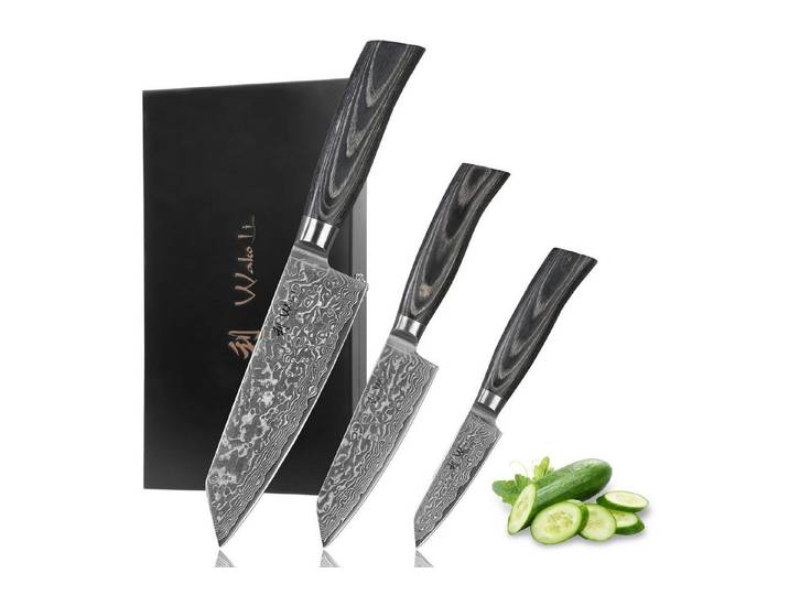 Wakoli Messer-Set Edib Pro Black 3 Damastmesser 9 -17cm Klingen Pakkaholzgriffe (Damastmesser mit Geschenkbox, 3-tlg., 3er Damastmesser-Set mit Holzbox), Aus 67 Lagen Damaststahl, VG-10 Stahlkern