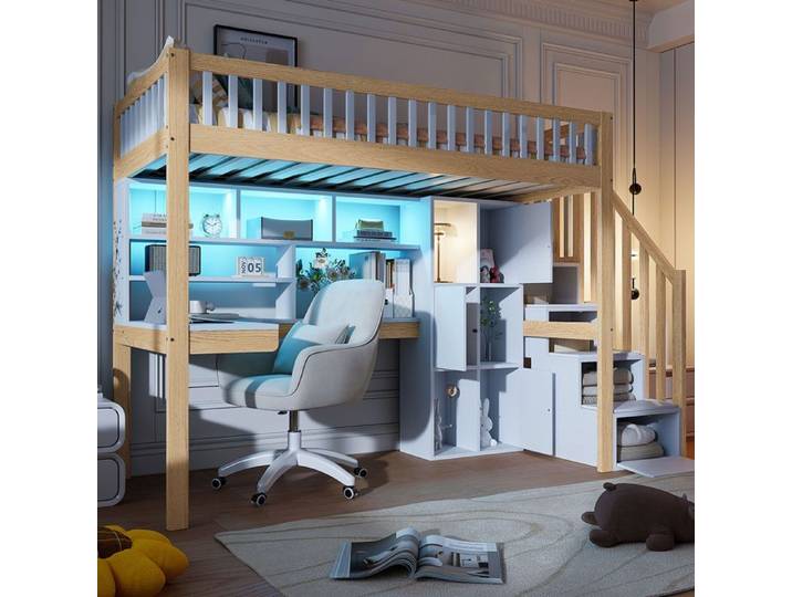 Lit mezzanine enfant 90x200cm - LED - Échelle de rangement - Bureau