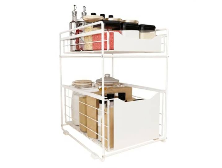 DAWNYIELD Opbergruimte voor onder de gootsteen, 2 niveaus uittrekbare kastorganizer, schuifmand, kastorganizer met opbergladen, metalen keukenorganisatieplank, kruidenrek voor keuken, badkamer