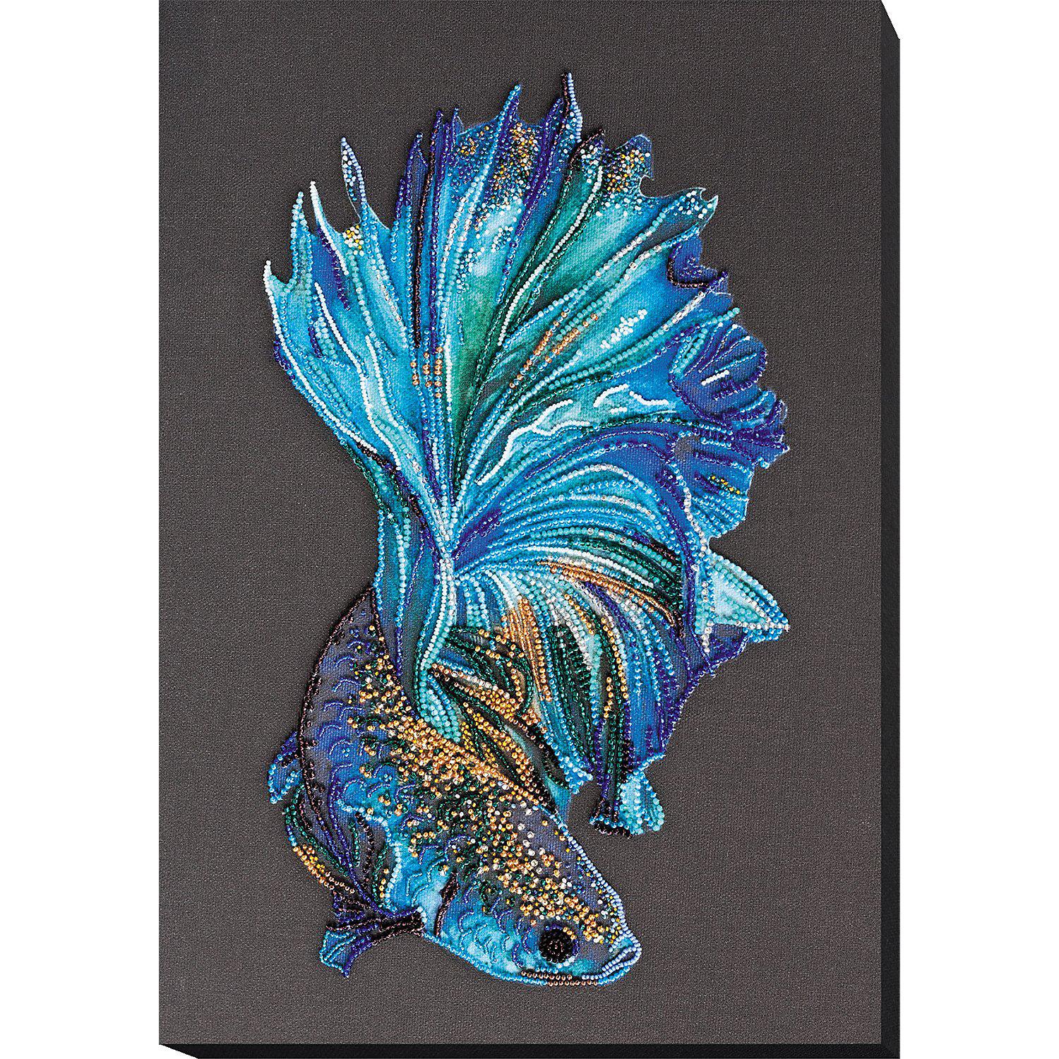Perlen-Stickbild "Blue-Gold Fisch", 27 x 39 cm