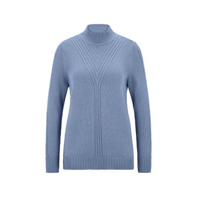 Rundhalspullover GOLDNER "Rippenpullover mit Stehkragen", Damen, Gr. 46, blau (rauchblau), Obermaterial: 50% Baumwolle CO. 50% Polyacryl PAN., figurumspielend, Rippbündchen, Pullover Rundhalspullover, platzierte Rippenstruktur im Vorderteil